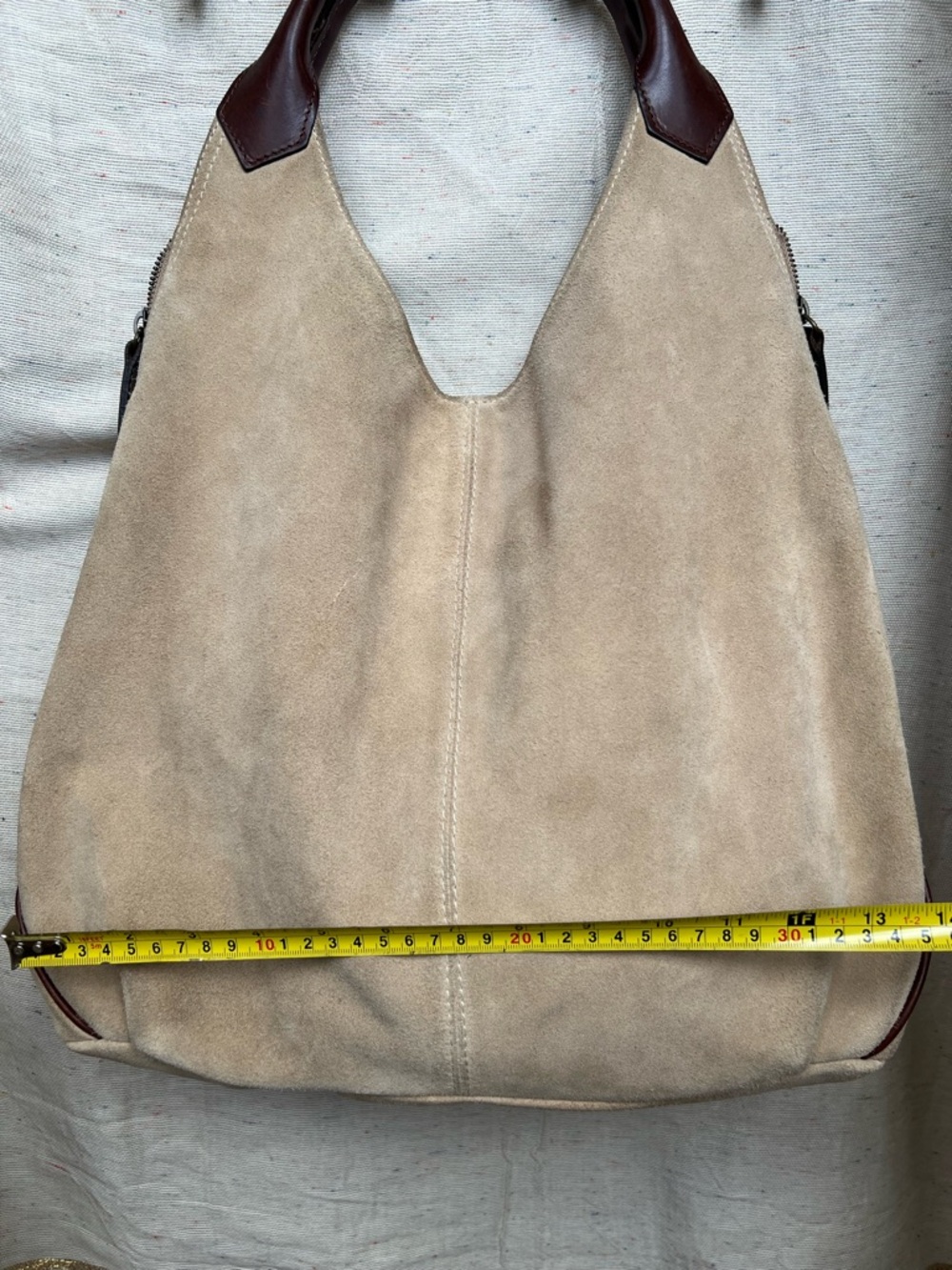 NARDELLI Neutral Suede Hobo Bag with Brown Leather Handles - Picture 15 of 16